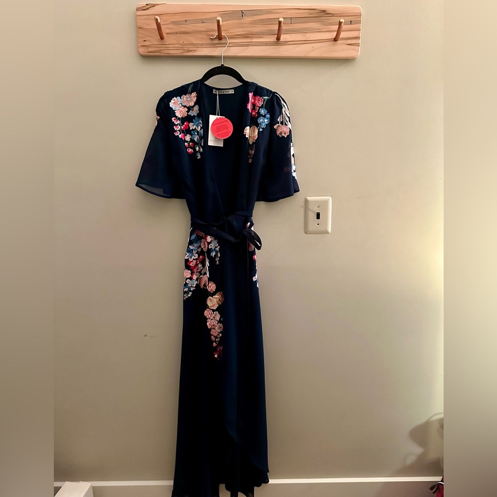 Flutter sleeve embroidered wrap maxi dress